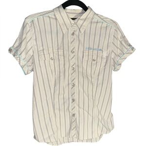 VTG Y2K 2006 Harley Davidson white and blue striped pearl snap shirt